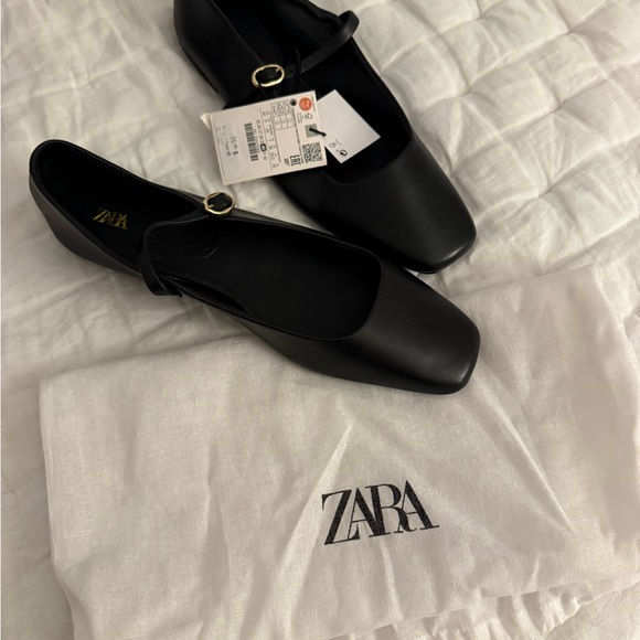 Zara Shoes - ZARA Black Mary Jane Square-Toe Flats with Gold Buckle